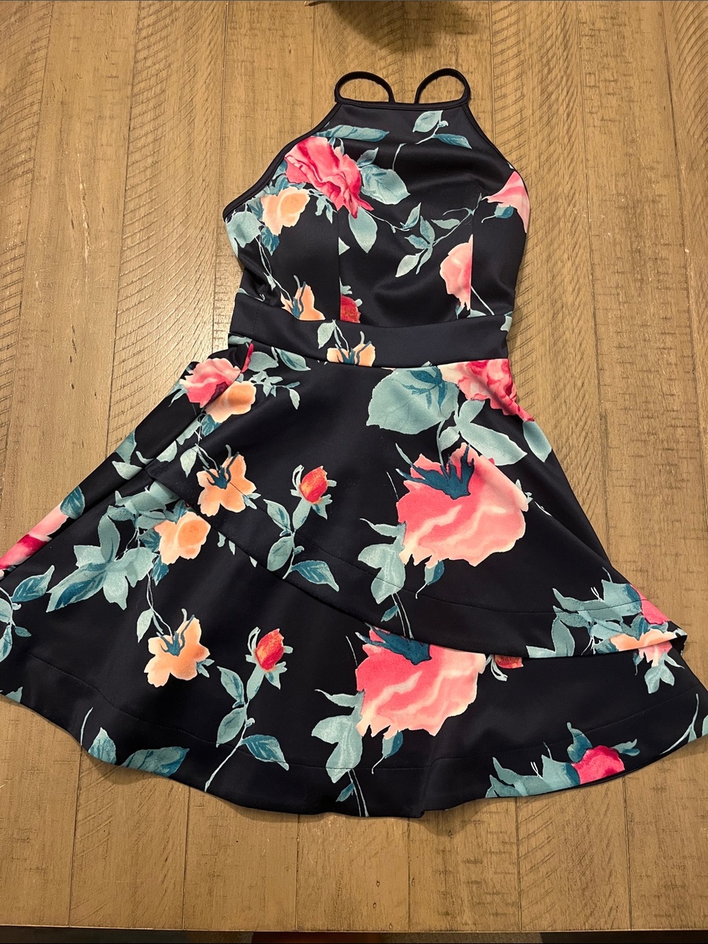 Speechless Navy Floral Halter Dress with Pink & Peach Blooms